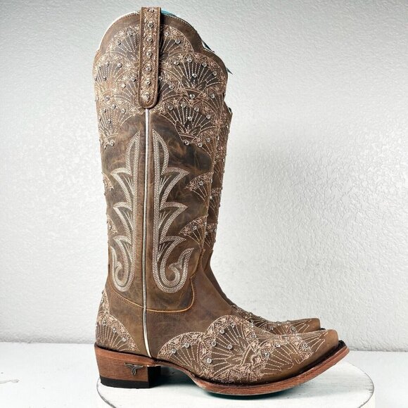 Lane CALYPSO Womens Cowboy Boots 8.5 Brown Western Cowgirl Mid Calf Tall Bling - Picture 2 of 11